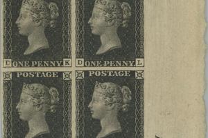 Iconic mint block of four of Penny Black and Two Pence Blue in Public Auction 76.