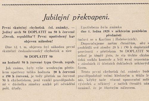 Jeden z prvních článků o objevu nečekané rarity vyšel v časopise Tribuna filatelistů 27. 10. 1928